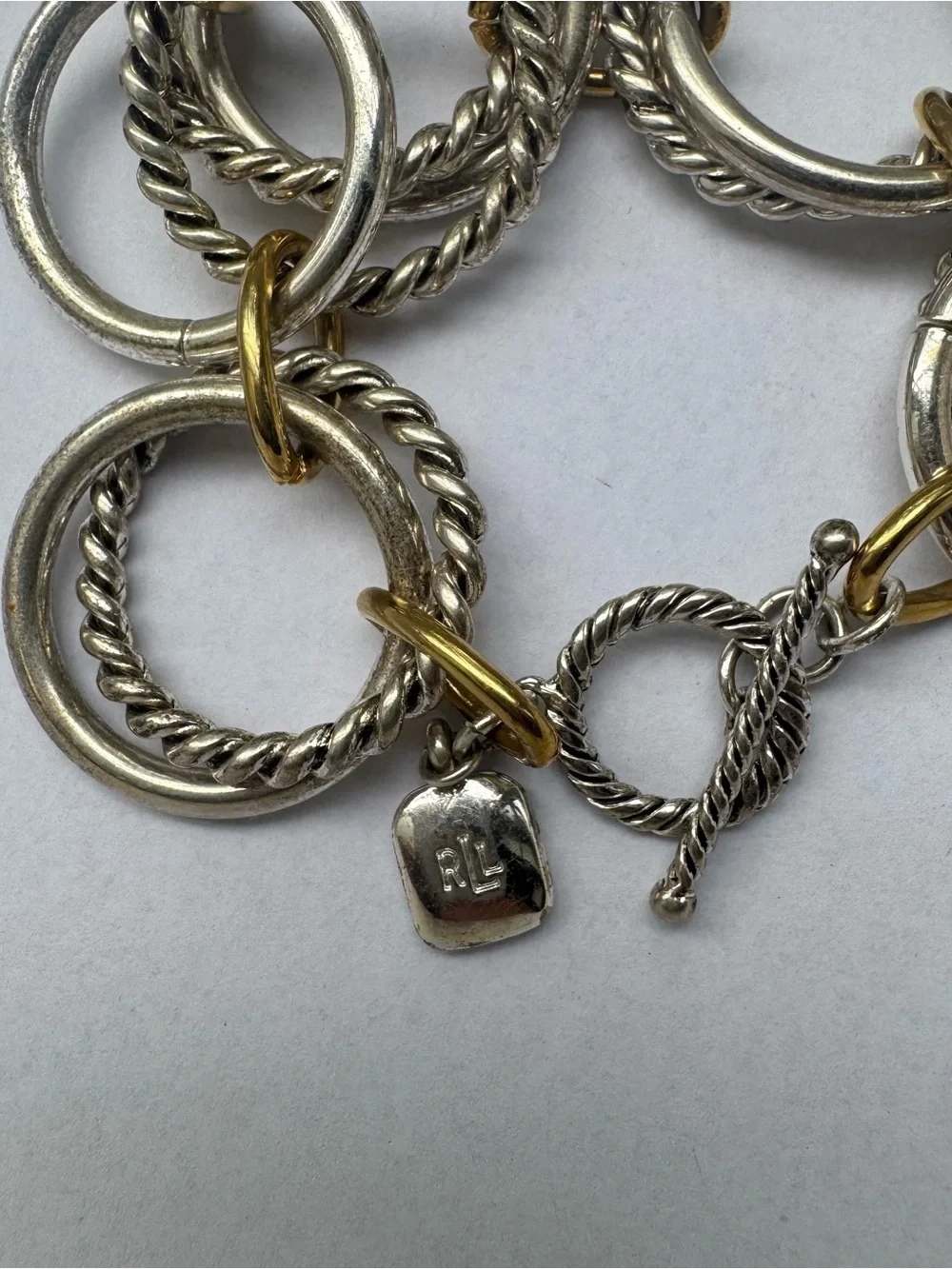 Ralph Lauren Vintage Twisted Rope Link Bracelet Silver & Gold Tone 7.5